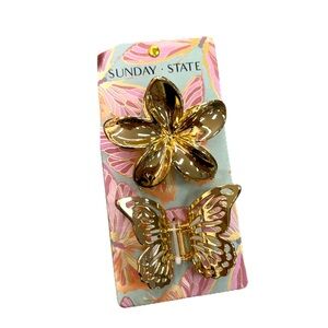 NWT ⚜️💛⚜️ Sunday State Golden tone Flower and Butterfly Hair Claw Clips Set of 2